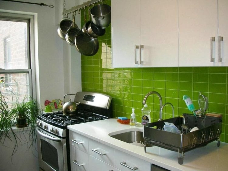 green tile kitchen backsplash