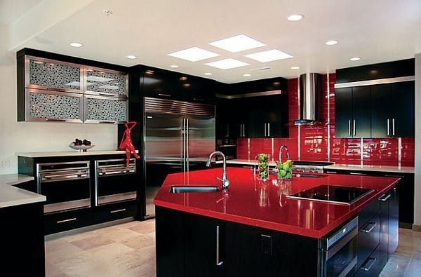 red kitchen red kitchen island