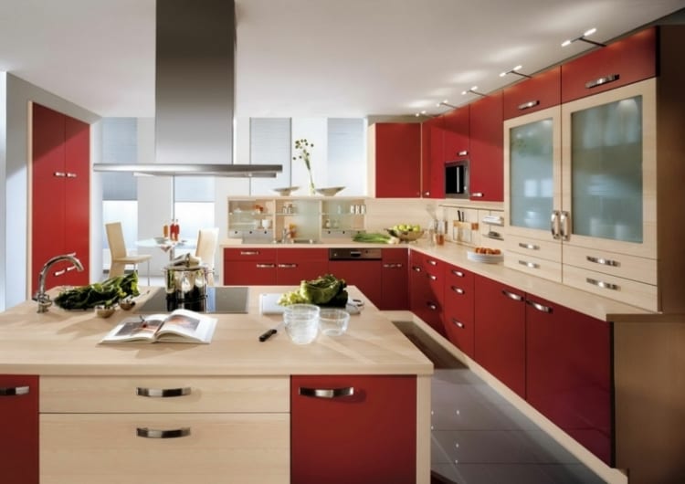 red kitchen red kitchen island