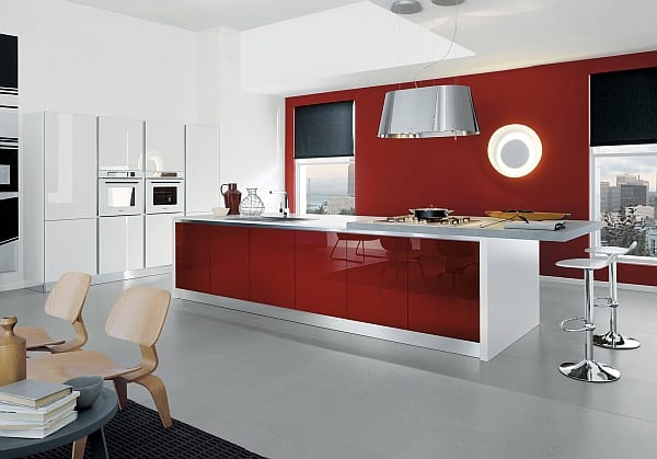 red kitchen red kitchen island