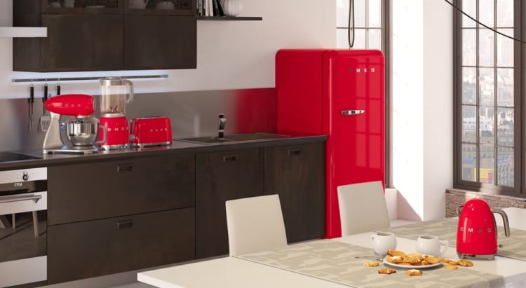 red appliances in the kitchen