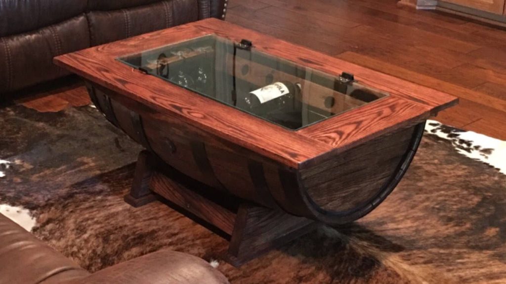 Whiskey barrel coffee table with storage