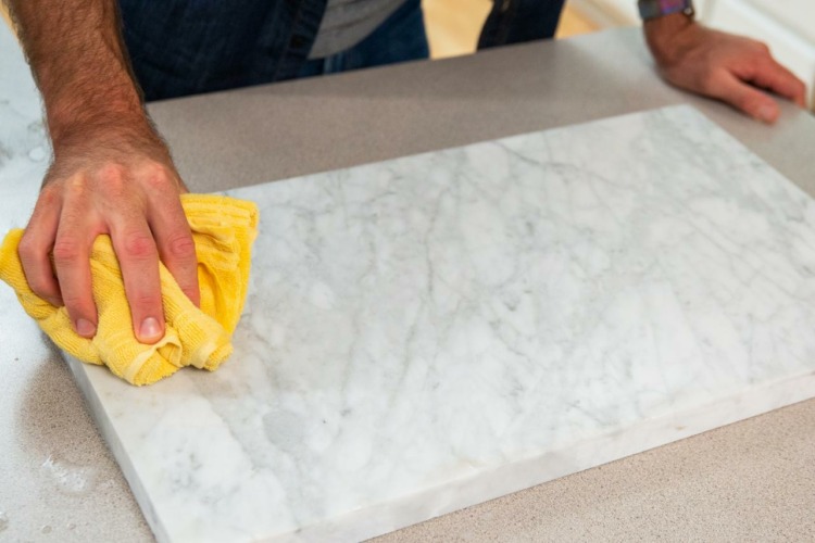 Clean marble and wooden plank surfaces