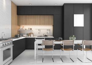 two tone black and wood kitchen cabinets white countertops