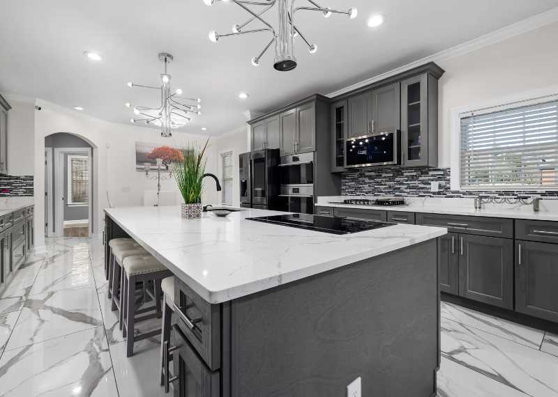 white island countertop, grey cabinets