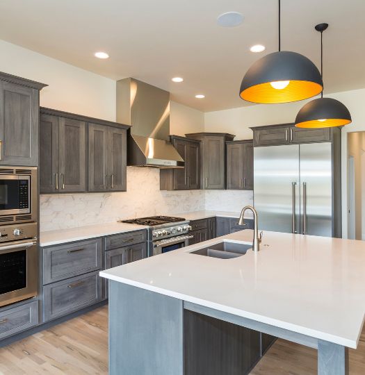 white marble backsplash in grey kitchen